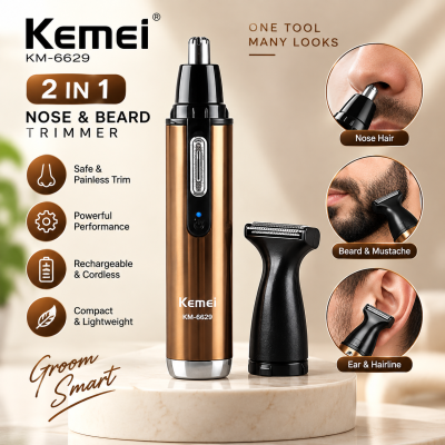 Kemei KM-6629 2-in-1 Rechargeable Nose and Beard Hair Trimmer – Painless Stainless Steel Blade, Compact Portable Cordless Grooming Kit for Men
